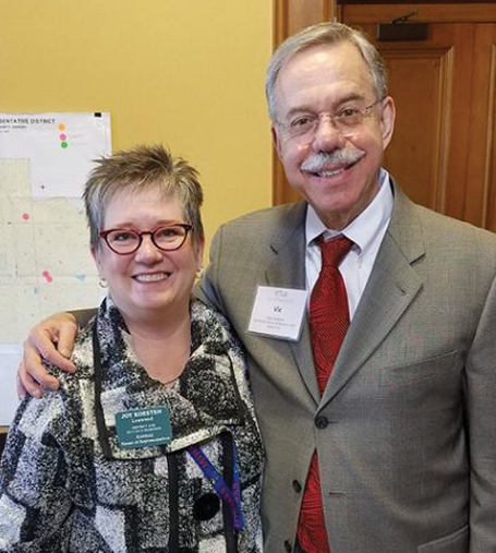 Many members of the Jewish community supported Joy Koesten before and during her term as a Kansas state representative. One is Vic Bergman, shown visiting her at the state capitol.