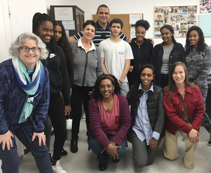 Ellen Portnoy (standing at left), and Hannah Soltz Aharony, the local Jewish Federation’s liaison in Israel (standing fourth from left), enjoyed meeting with the enthusiastic and excited students at Rav Tchumi High School who participate in the ENP Space Program as well as its staff and the school principal. Portnoy said, ‘It was wonderful listening to these students as they tried out their English language skills with me! What a joy!’