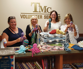 Rabbi Beryl Padorr (second from left) delivers a variety of handmade items for patients at Truman Medical Center provided by the Yarn Spinners at B’nai Jehudah. As Shared Vision coordinator, the rabbi meets with congregants to help them develop their Individual Jewish Path and also promote the congregation’s desire for programming. Shown with Rabbi Padorr are (from left) Jennifer Sales, Pattie Speier and Barbie Rogoff.