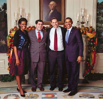 It would be safe to say I’m more than a little envious that Rav Shmuly Yanklowitz got to spend Chanukah at the White House Thursday, Dec. 13. Not only that, but he was there last year too. The photo above, which shows First Lady Michelle Obama, Rabbi Ari Weiss, executive director of Uri L’Tzedek, Rav Shmuly, who is the founder and president of Uri L’Tzedek, and President Barack Obama, was taken at the 2011 event. This year the rabbi reports that Supreme Court justices, ambassadors, congressmen and Jewish leaders were also in attendance. Sadly, the president chose to do an informal meet and greet instead of taking photos with participants this year.