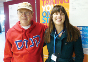 Stu Lewis recently attended the Limmud Conference in the United Kingdom, where he ran into Rabbi Leah Jordan, formerly of Kansas City and Congregation Beth Torah. Rabbi Jordan currently serves as a chaplain for students in London. The conference offers participants a chance to debate burning contemporary issues, jam with a band, study Torah, create art, and simply renew old acquaintances and make new friends. Notice Stu is wearing his KU Hillel Kansas sweatshirt!